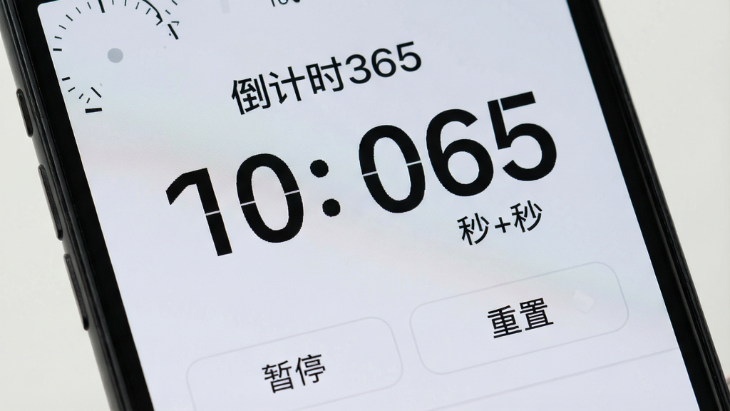 一张手机屏幕特写,显示“倒计时365”的秒表界面,背景为浅灰色,中间有一个巨大的倒计时数字,精确到秒,数字下方有“暂停”和“重置”按钮,界面简洁,风格类似专业计时器,画质干净无多余元素。
