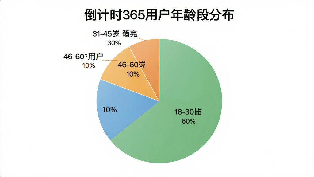 一张饼状图,展示18-30岁用户占比60%,31-45岁用户占比30%,46-60岁用户占比10%,图表背景为白色,标题为“倒计时365用户年龄段分布”,配色清新,画质干净无多余元素。