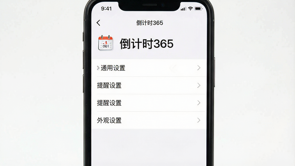 一张智能手机竖屏截图,屏幕显示“倒计时365”的设置页面,包含“通用设置”、“提醒设置”、“外观设置”等选项,背景为白色,列表文字清晰,风格简洁,画质干净。
