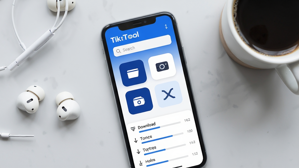 一张智能手机屏幕的俯拍图,屏幕中央显示“TikTool”应用主界面,界面简洁现代,采用蓝白配色,上方有搜索框,中间排列着几个方形功能图标,下方有下载进度列表,手机旁边放着耳机和咖啡杯,背景是干净的浅灰色桌面,整体风格明亮清晰,画质干净无多余元素