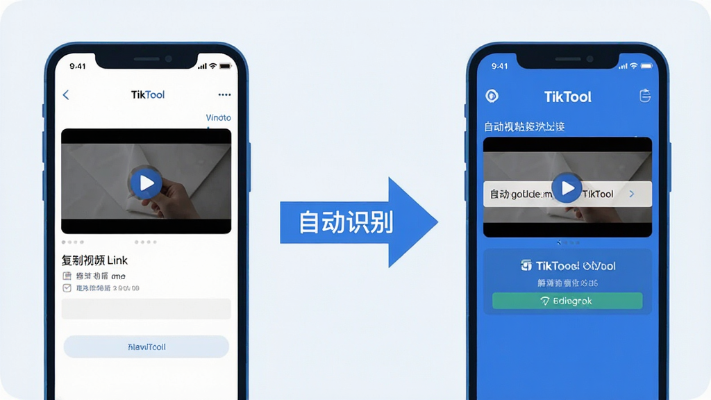 一张分步操作示意图,左侧是手机屏幕显示复制视频链接的界面,右侧是TikTool应用内自动粘贴链接并显示解析成功画面的界面,中间用箭头连接,箭头旁边有“自动识别”字样,整体设计扁平化,蓝色主题色调,背景浅色,画质干净无多余元素