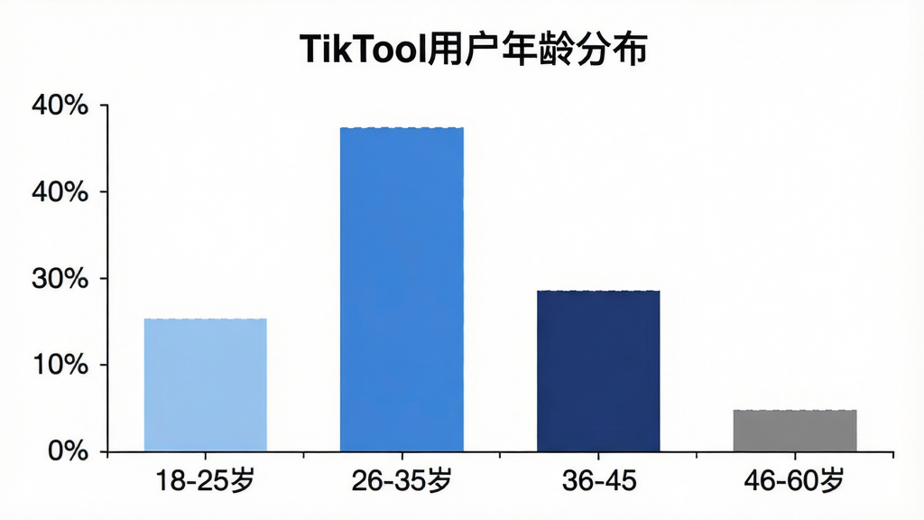 一个简洁的柱状图,横轴为年龄段(18-25岁、26-35岁、36-45岁、46-60岁),纵轴为百分比,柱色分别为浅蓝、蓝色、深蓝、灰色,其中26-35岁用户占比最高(约45%),18-25岁为30%,36-45岁为20%,46-60岁为5%,图表背景为白色,标题为“TikTool用户年龄分布”,整体风格专业清晰,画质干净