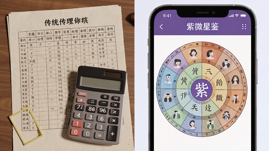 一张对比图,左边是传统纸质命理表格和计算器,右边是手机屏幕上“紫薇星鉴”自动排盘后的清晰十二宫位图,强调智能与便捷,画面干净,画质高清,无多余元素