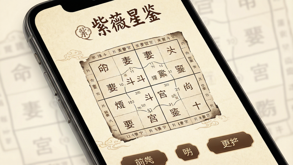 一张手机屏幕特写,展示“紫薇星鉴”APP的主界面,界面风格素雅古典,以米黄色为底,深棕色字体,顶部是“紫薇星鉴”四个繁体字logo,中间是清晰的紫微斗数命盘十二宫格图,标注着命宫、夫妻宫等,底部有几个简洁的功能按钮,整体排版干净,画质高清,无多余元素
