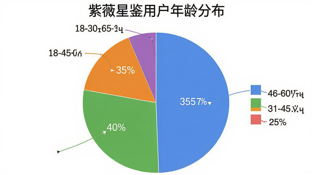 一张用户年龄分布饼状图,标题为“紫薇星鉴用户年龄分布”,图中显示18-30岁占35%,31-45岁占40%,46-60岁占25%,色彩清晰,画质干净,无多余元素