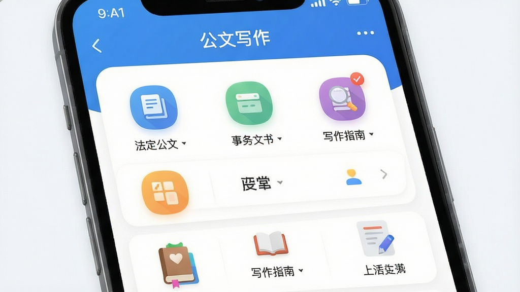 一张高清手机截图,展示“公文写作”APP的首页界面,主体是干净清爽的功能列表,布局清晰,包含“法定公文”、“事务文书”、“写作指南”等彩色图标入口,排版整齐,风格现代扁平化,界面以蓝白为主色调,细节圆润,画质干净无多余元素。