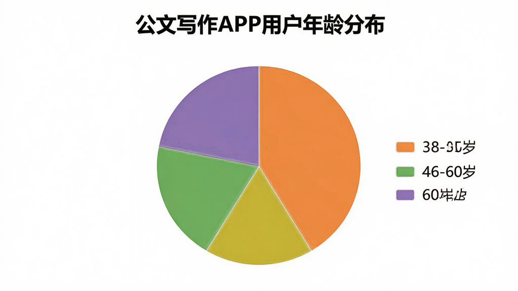 一张饼状图,标题为“公文写作APP用户年龄分布”,图中用四种颜色分别标注“18-30岁”、“31-45岁”、“46-60岁”、“60岁以上”四个扇区,其中31-45岁和46-60岁的扇区面积最大,图例清晰,排版专业,画质干净无多余元素。