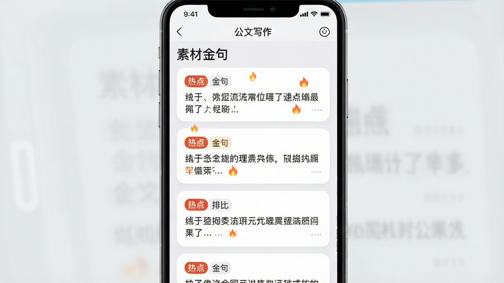 一张手机界面截图,主体是“公文写作”APP的“素材金句”专栏,界面以瀑布流形式展示着标有“热点”、“金句”、“排比”标签的卡片,文字内容清晰可见,背景为浅灰色,卡片圆润,排版错落有致,画质干净无多余元素。