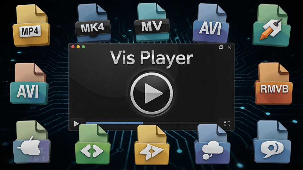 展示多种视频文件格式图标围绕在“Vis Player”播放器界面周围,包括MP4、MKV、AVI、FLV、RMVB等,中心是一个播放按钮,背景为深色科技感风格,图标立体且色彩鲜明,画质清晰,排版整齐,无多余元素。