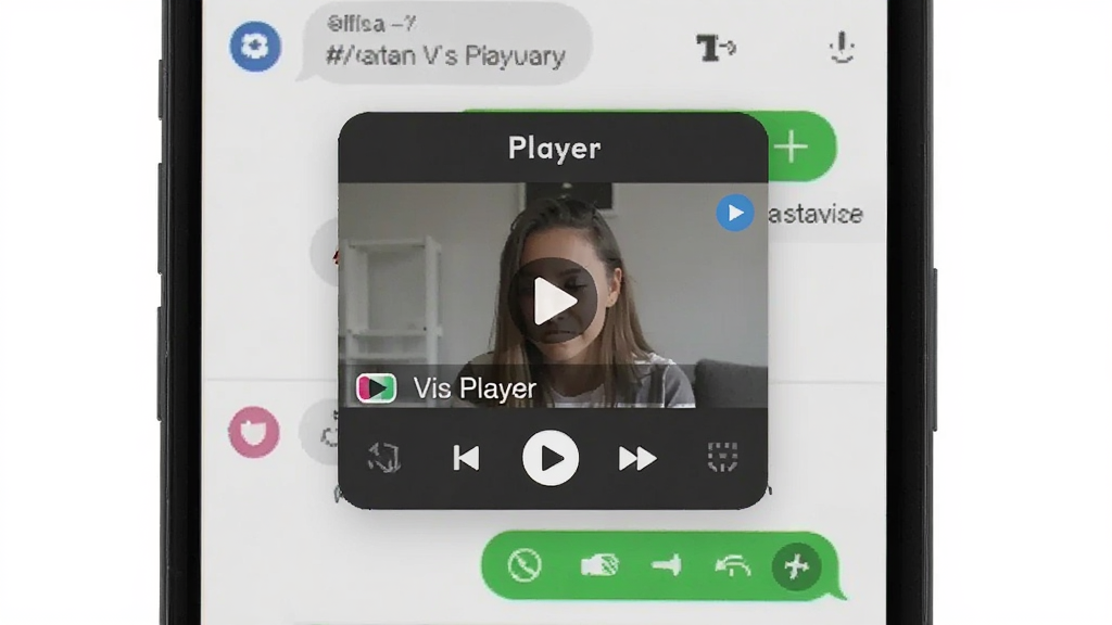 智能手机屏幕显示“Vis Player”的悬浮窗小视频窗口,背景是聊天应用界面,小窗可拖动并带有播放控制按钮,风格现代扁平,界面简洁,主体清晰,画质干净。