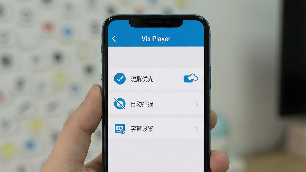 智能手机竖屏显示“Vis Player”的设置界面,包含“硬解优先”、“自动扫描”、“字幕设置”等选项,背景简洁,图标清晰,风格扁平化,整体配色统一,画质干净。