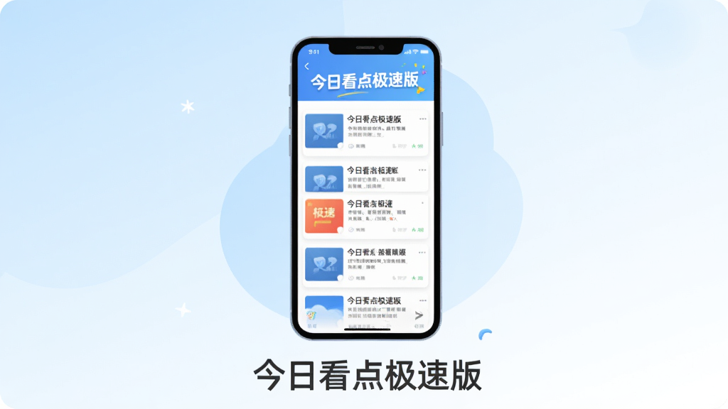 主视觉插画,画面中央是一部手机,屏幕显示“今日看点极速版”新闻列表界面,风格扁平清新,背景浅蓝与白色渐变,排版错落有致,突出“极速、清爽、资讯丰富”的核心特点,画质干净无多余元素,手机下方有“今日看点极速版”字样