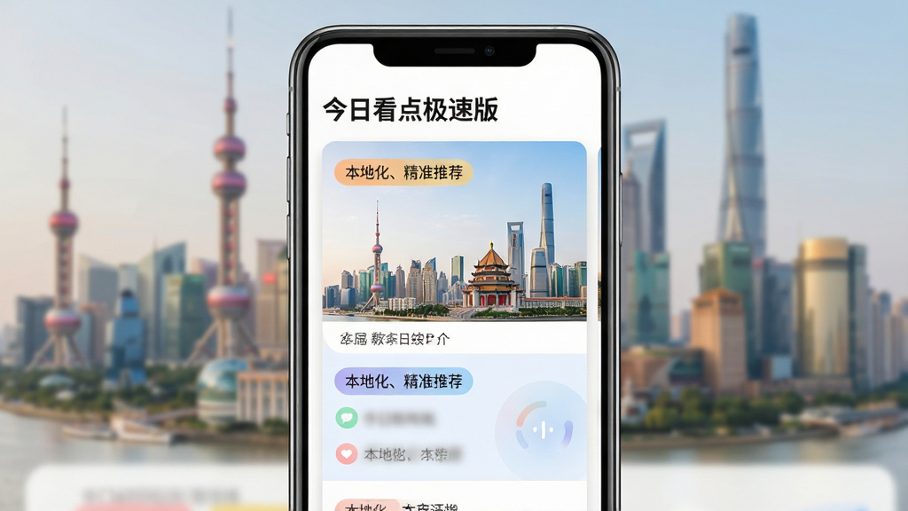 手机屏幕展示本地新闻资讯卡片,带有城市地标背景,卡片上分类标签清晰,颜色柔和,排版整齐,突出“本地化、精准推荐”特点,屏幕上方有“今日看点极速版”名称,画质干净无多余元素