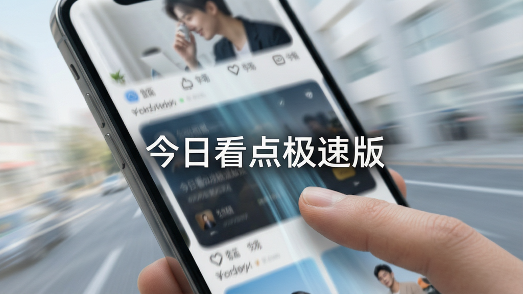 界面滑动速度感示意,手指在手机上快速上滑,页面内容像流水一样顺畅切换,背景有轻微动态模糊线条,突出“极速流畅”的感觉,画质干净,风格现代简洁,屏幕中央有“今日看点极速版”字样
