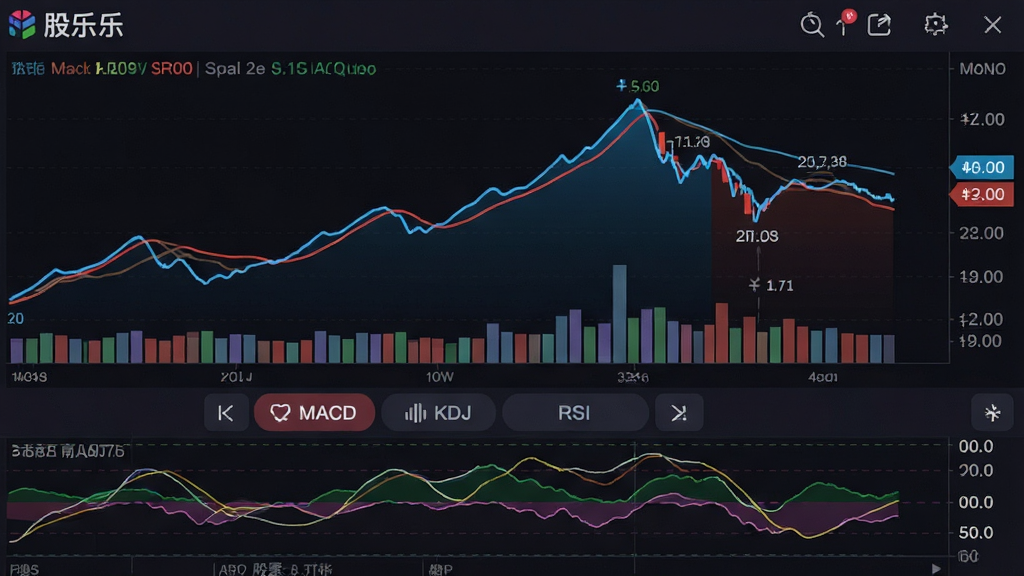 图片描述:一张“股乐乐”APP的股票分时走势截图,屏幕上方是分时价格曲线和成交量柱状图,下方有“MACD”、“KDJ”、“RSI”等技术指标切换按钮。界面以深色背景为主,曲线用亮蓝色和红色表示上涨下跌,数据标签清晰。整体风格专业清晰,画质锐利,无多余元素。