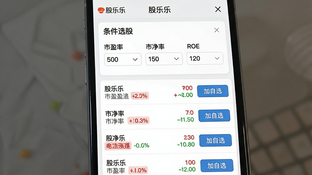 图片描述:一张“股乐乐”APP的智能选股界面截图,屏幕上方是“条件选股”区域,有“市盈率”、“市净率”、“ROE”等筛选条件选项,下方是筛选出的股票列表,每只股票旁边有“加自选”按钮。界面以浅色为主,卡片式布局,股票名称和涨跌幅用红绿色标注。整体风格清爽,画质干净,无多余元素。