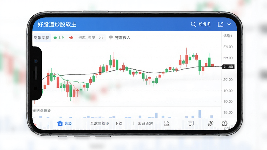 好股道炒股软件主界面,手机屏幕展示股票行情图表,红绿K线清晰,界面简洁现代,蓝白主色调,下方功能标签,整体风格专业且干净,画质高清,无多余元素