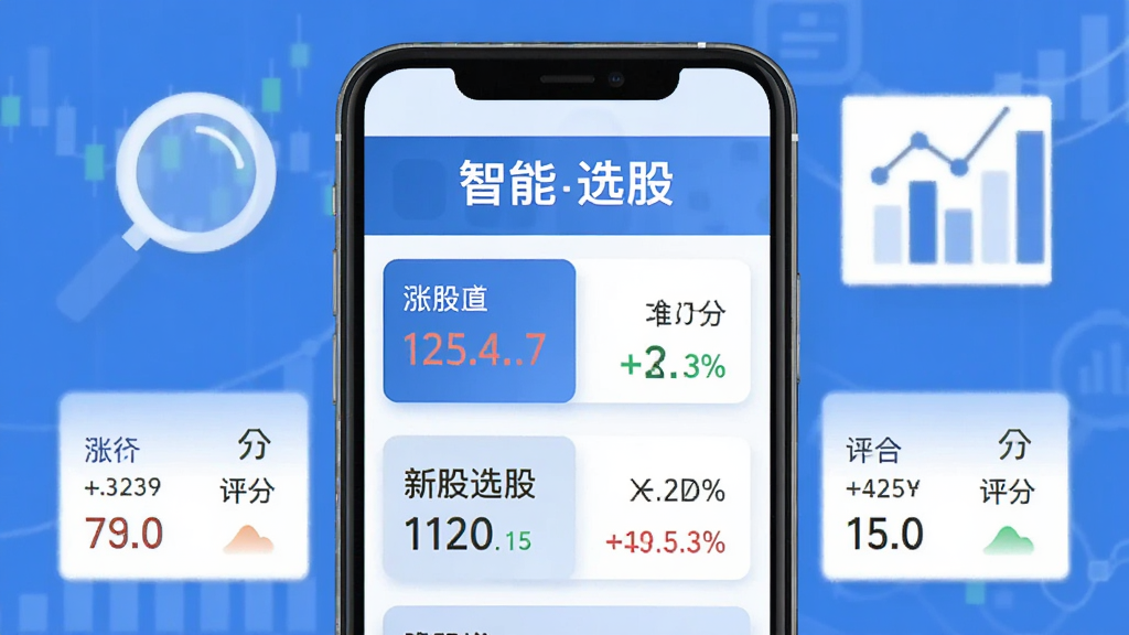 好股道智能选股功能界面,手机展示股票筛选列表,标注“智能选股”字样,股票卡片包含涨跌幅和评分,背景有放大镜和数据图表图标,扁平化设计,蓝白配色,画质干净