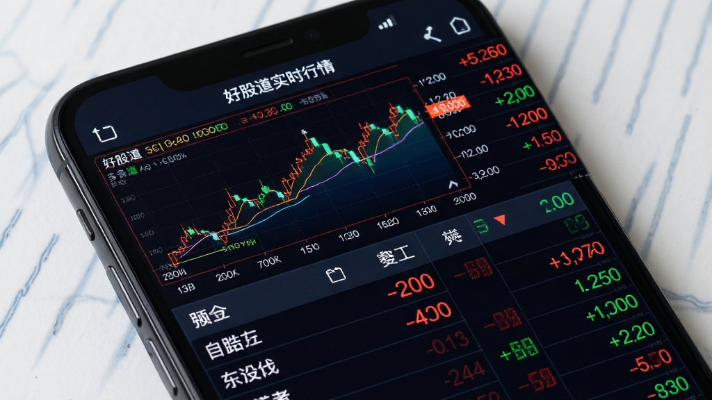 好股道实时行情页面,手机屏幕显示分时走势图和多只自选股报价,数字跳动,红涨绿跌色彩鲜明,行情列表清晰,背景有波浪线装饰,画质高清,无多余元素