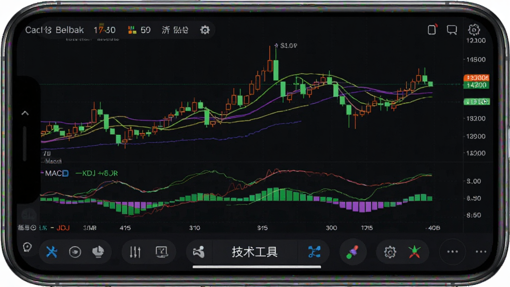 好股道技术指标分析界面,手机展示K线图叠加MACD和KDJ指标,底部有指标选择面板,标注“技术工具”字样,线条颜色鲜明,界面专业且整洁,画质干净