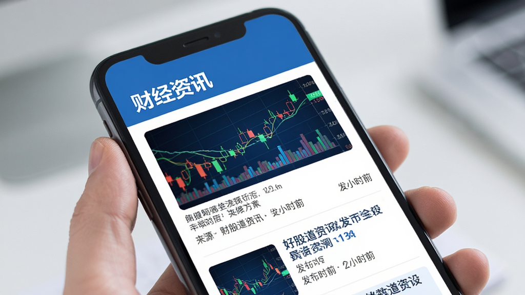 好股道资讯页面,手机屏幕展示新闻列表,有“财经资讯”标题,配图与股市相关,每条新闻有来源和发布时间,蓝白风格,简洁清晰,画质高