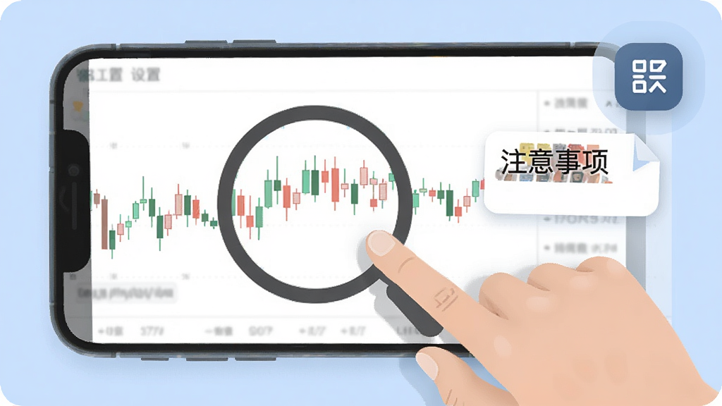 好股道手机端使用教程,手部演示点击K线图放大,旁边有设置菜单图标,附有“注意事项”文字标签,背景浅蓝,现代扁平风格,画质清晰
