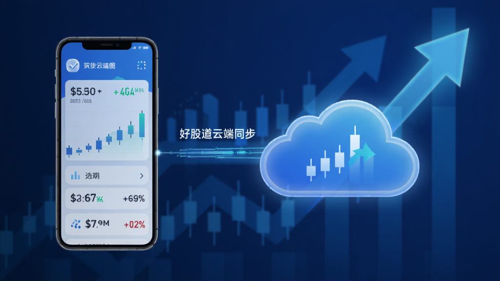 好股道云端同步示意图,手机和云朵图标连接,展示自选股数据同步过程,背景有股票上涨箭头,蓝色调,现代感强,画质干净