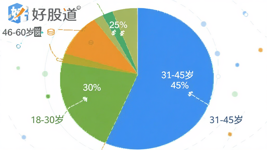 好股道用户满意度饼状图,图表展示18-30岁占30%,31-45岁占45%,46-60岁占25%,配有好股道Logo,配色明亮,扁平化设计,画质干净