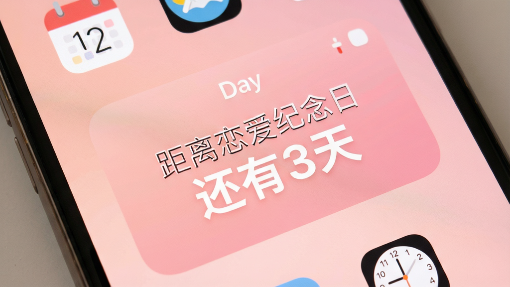 一张手机屏幕的特写,手机桌面中央显示倒数纪念日Day的Widget小组件,上面醒目地写着“距离恋爱纪念日还有3天”,背景是温馨的淡粉色渐变,桌面四周有简洁的日历和时钟图标,整体布局干净,风格扁平化,细节柔和,画质清晰无多余元素。
