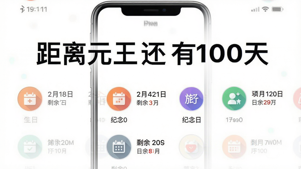 倒数纪念日Day应用内截图,背景是清爽的白色界面,顶部显示“距离元旦还有100天”的粗体数字,下方排列着几个圆形图标分别代表生日、纪念日、旅行等分类,每个图标旁边有对应的日期和剩余天数,排版整齐,风格简洁现代,画质干净无多余元素。