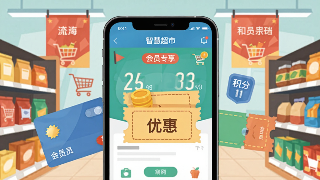 图片主体为“智慧超市”手机软件中的会员营销功能界面,背景是超市促销活动场景,画面中有会员卡、优惠券、积分数字和促销海报元素,布局为手机屏幕界面居中,周围环绕超市货架,排版紧凑有序,风格扁平化插画,细节包括“会员专享”文字标签,画质干净,无多余元素