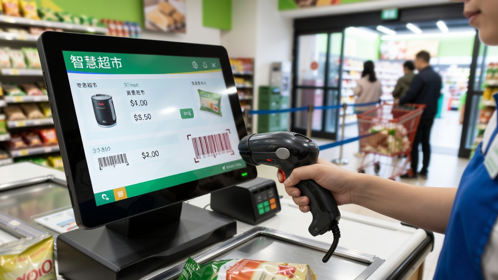 图片主体为超市收银员正在使用“智慧超市”软件扫描商品条码,收银台上有显示屏、扫码枪和待结算商品,背景是顾客排队等待的超市出口,布局为收银台居中,视线聚焦在扫码动作上,排版简洁,风格写实自然,细节包括屏幕上的商品名称和价格,画质干净明亮,无多余元素