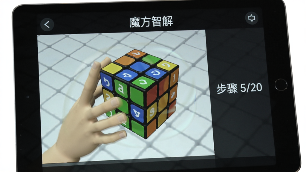平板电脑上播放“魔方智解”的3D教学动画,画面中一个虚拟魔方正在旋转操作步骤,右侧有文字提示“步骤 5/20”,界面简洁,动画流畅,画质清晰。