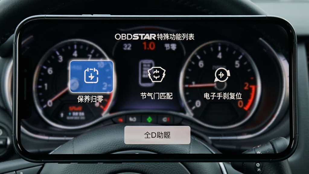 OBDSTAR特殊功能列表页面,手机屏幕上显示“保养归零”、“节气门匹配”、“电子手刹复位”等功能图标,其中“保养归零”选项高亮,背景为汽车仪表盘特写,界面简洁明了,引导按钮清晰,画质干净,无多余元素。