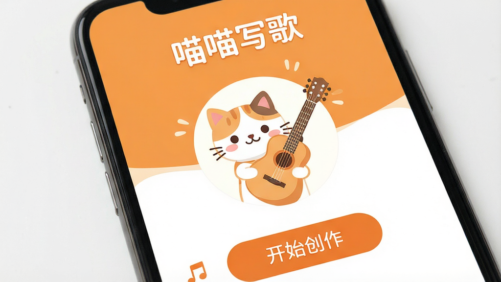 一张手机屏幕特写,屏幕中显示“喵喵写歌”主界面,界面以温暖的橘色和白色为主色调,顶部有“喵喵写歌”字样,中间是一个可爱的猫咪头像和一把吉他,底部有“开始创作”的按钮,整体风格清新可爱,扁平化设计,画质干净,无多余元素。