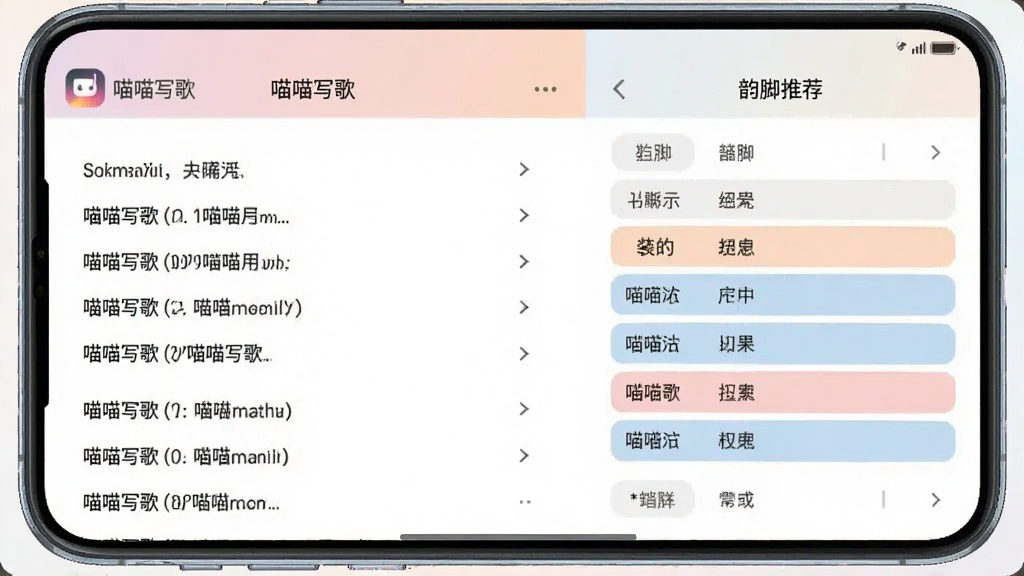 一张手机截图,展示“喵喵写歌”的歌词编辑页面,左边是歌词文本,右边是韵脚推荐列表,高亮显示几个押韵的词,界面采用分栏布局,色彩柔和,风格简洁,带有“喵喵写歌”的标识,画质干净。