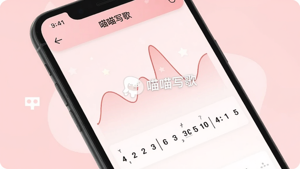 一张手机界面截图,显示“喵喵写歌”的哼唱记谱功能,屏幕中央有一段波浪形的音高曲线,下方自动生成对应的简谱数字,背景是淡雅的粉色,界面简洁,带有“喵喵写歌”的水印,整体风格清新,画质干净。
