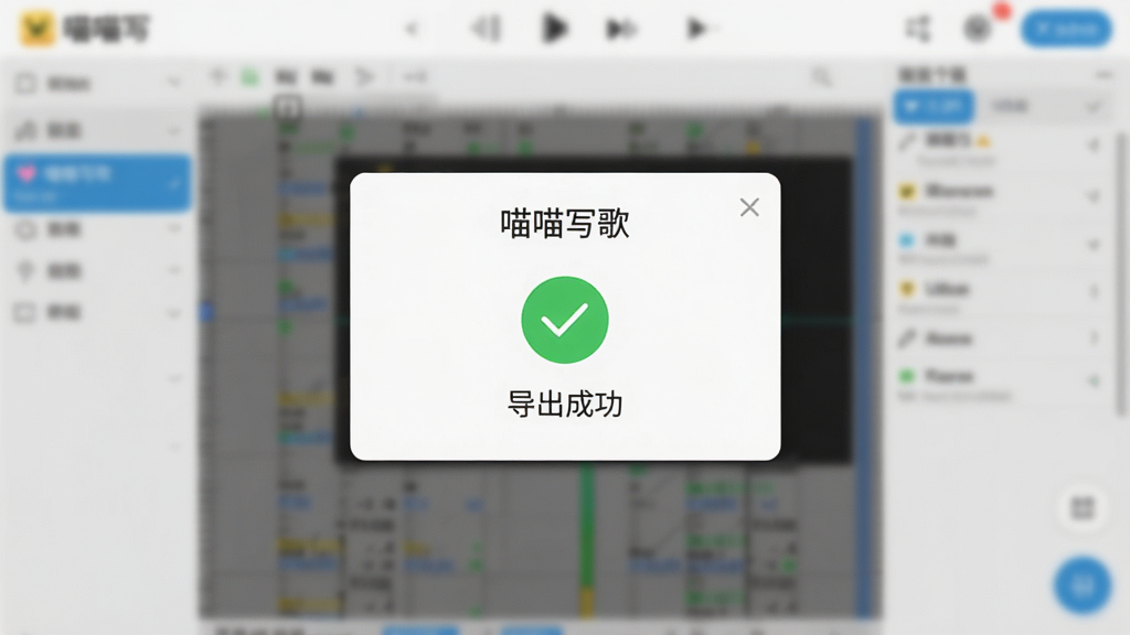 一张手机截图,显示“喵喵写歌”的导出成功提示,屏幕中央有一个绿色的对勾图标,下面写着“导出成功”,背景是模糊的工程界面,色调明亮,风格简洁,画质干净。