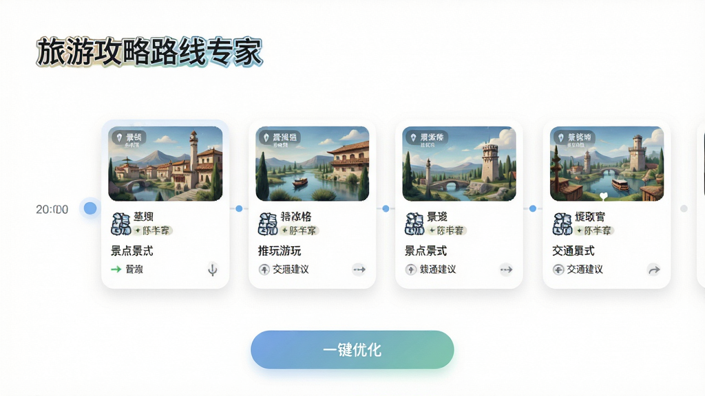 应用界面概念图,展示“旅游攻略路线专家”的智能规划结果页,顶部为目的地城市名,中部是时间轴样式的每日行程卡片,包含景点名称、推荐游玩时长和交通建议,底部有“一键优化”按钮,设计风格简洁现代,信息层级清晰,采用大量留白和圆角卡片,色彩淡雅,整体画质干净无多余元素。