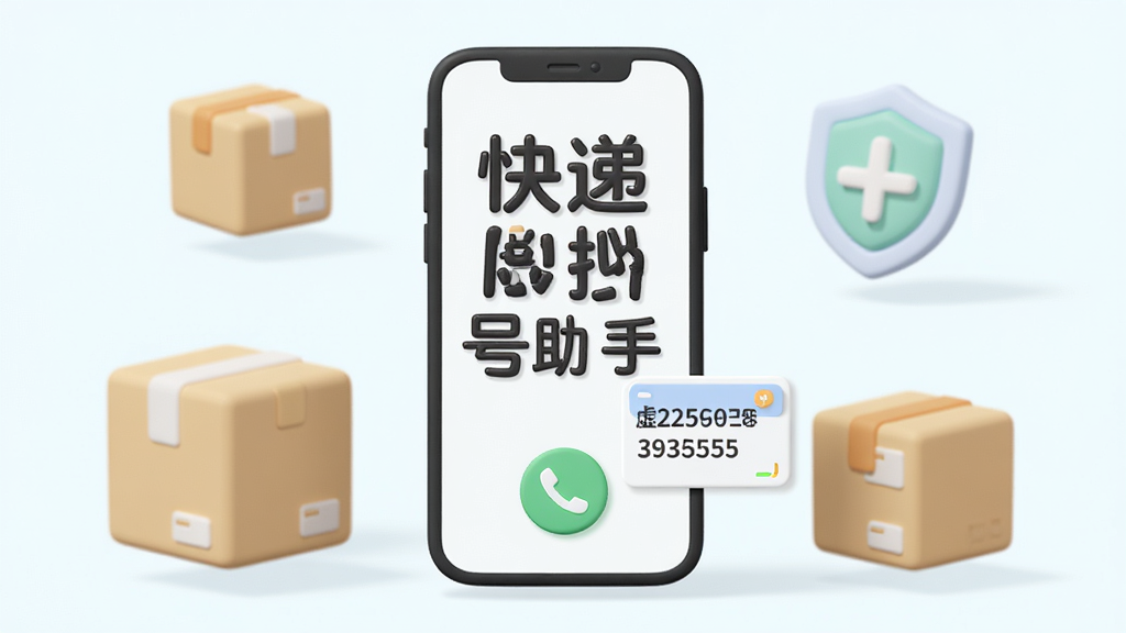 一幅清新简洁的3D渲染风格主视觉图,画面中央是一部智能手机,屏幕内显示“快递虚拟号助手”六个大字,下方有绿色通话按钮和虚拟号码卡片,背景是柔和的快递包裹和盾牌图标,布局居中,风格扁平现代,细节圆润,画质干净无多余元素