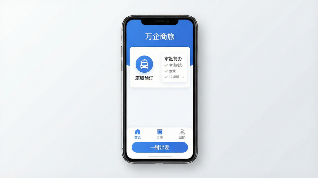 主体:一块干净的手机屏幕展示万企商旅APP主界面,屏幕上方有“万企商旅”字样,界面以蓝白配色为主,底部有“首页、订单、我的”三个选项卡,中间显示“差旅预订”图标和“审批待办”卡片。布局:手机居中,背景为浅灰色渐变,四周留白,下方有“一键出差”按钮。排版:屏幕内容清晰可辨,信息层级分明,图标圆润简洁。风格:现代扁平化设计,商务简约风,色彩柔和。细节:手机边缘有细微阴影,界面文字清晰,无多余元素。画质:4K高清,干净,无多余元素。