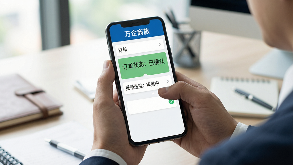 主体:一个商务人士正在手机上查看万企商旅的订单列表,手机屏幕放大显示“订单状态:已确认”和“报销进度:审批中”。布局:人物手部特写,手机居中,背景为办公桌。排版:手机屏幕清晰,有“万企商旅”字样。风格:写实摄影风格,自然光。细节:屏幕无反光,文字可辨。画质:高清,干净,无多余元素。