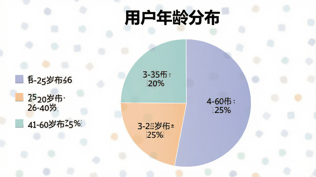 主体:一个饼状图,标题为“用户年龄分布”,显示18-25岁占20%,26-40岁占55%,41-60岁占25%,每个扇区颜色不同。布局:饼状图居中,左侧有图例。排版:百分比清晰,标题加粗。风格:商务图表风,简洁。细节:颜色搭配柔和。画质:高清,干净,无多余元素。