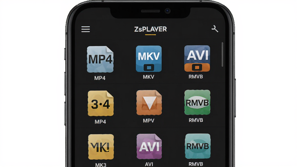 一张ZsPlayer在后台解码多种视频格式的示意图,主体是手机屏幕显示文件列表,包含MP4、MKV、AVI、RMVB等格式图标,布局为列表式,风格简洁清晰,细节突出每种格式的图标颜色,画质干净无多余元素