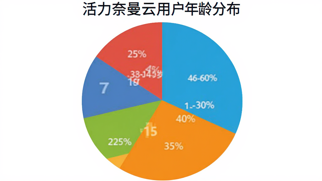 一张饼状图,显示活力奈曼云用户年龄分布,18-30岁占35%,31-45岁占40%,46-60岁占25%,配色鲜艳,图表风格扁平清晰,画质干净,无多余元素