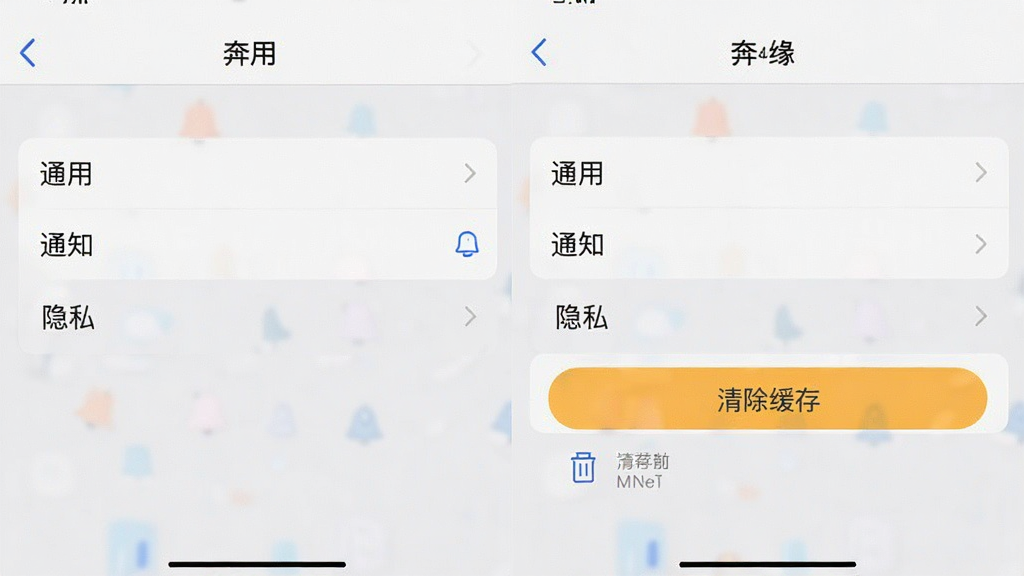 一张手机操作演示截图,主体是“奔缘”的设置页面,显示“通用”、“通知”、“隐私”等选项列表,布局为纵向排列,排版清晰,风格简洁,细节有“清除缓存”按钮被高亮选中,画质干净无多余元素