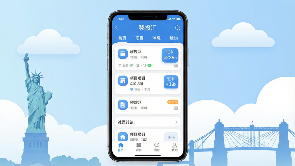 主体:一部亮着屏幕的智能手机,屏幕上显示“移投汇”App主界面,界面风格蓝白相间,有清晰的导航栏和列表卡片。布局:手机居中,背景为淡蓝色渐变搭配白色云纹和地标建筑剪影(如自由女神像、伦敦桥),营造全球化氛围。排版:手机屏幕上的界面元素比例协调,图标圆润,文字标签清晰。风格:现代扁平化设计,颜色干净清新,光效柔和自然。细节:屏幕内容包含项目列表、汇率小工具图标、社区讨论区入口,底部有“首页”、“项目”、“消息”、“我的”四个选项卡,界面无多余弹窗和广告。画质:高清渲染,细节锐利,画面干净无多余元素。