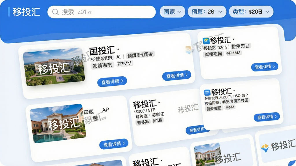 主体:“移投汇”App内的海外项目筛选列表界面,以列表卡片形式展示不同国家的房产和移民项目。布局:界面顶部为搜索栏和筛选条件(国家、预算、类型),下方依次排列多张项目卡片,每张卡片上有项目缩略图、名称、关键参数标签。排版:卡片间距均匀,文字对齐整齐,信息层级分明。风格:界面UI采用蓝白主色,简洁商务风,卡片圆润,阴影柔和。细节:每张卡片右下角有“查看详情”按钮,图片上覆盖“移投汇”水印文字,整体无广告横幅。画质:高清,屏幕内容清晰可读,画面干净无多余元素。