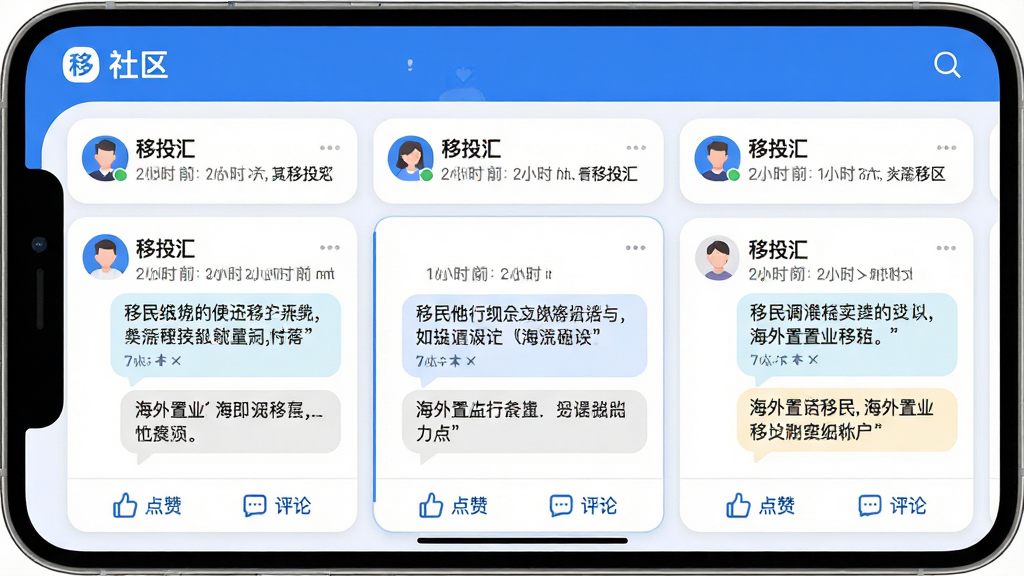 主体:“移投汇”App内的社区问答讨论界面,展示用户帖子列表和回复内容。布局:顶部为“社区”标题,下方是多个帖子卡片,每个卡片有用户头像、昵称、发帖时间和摘要,其中一条帖子处于展开状态,显示详细回复。排版:帖子标题加粗,回复内容用浅色气泡区分,底部有“点赞”和“评论”图标。风格:社交社区风格,界面活泼但不花哨,蓝白配色,头像圆形,界面元素圆润。细节:屏幕内出现“移投汇”Logo,界面无广告弹窗,回复中提及“移民”、“海外置业”关键词。画质:高清,屏幕内容清晰,画面干净无多余元素。