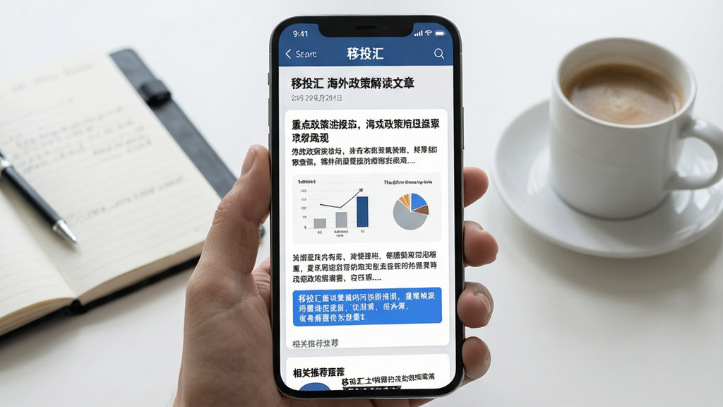 主体:“移投汇”App内打开的海外政策解读文章页面,屏幕上有标题和图文内容。布局:手机竖屏展示,文章上方有标题栏和发布日期,正文段落配有数据图表和重点信息高亮框。排版:文字段落清晰,标题加粗,重点内容用蓝色底色标注,页脚有相关推荐。风格:资讯阅读风格,背景为浅灰色,卡片为白色,整体干净专业。细节:手机屏幕外的背景为办公桌面,放有笔记本和咖啡杯,暗示阅读场景。画质:高清渲染,屏幕内容文字可辨认,画面干净无多余元素。